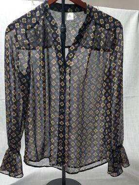 CAbi Navy Sheer Blouse with Yellow Floral Motif